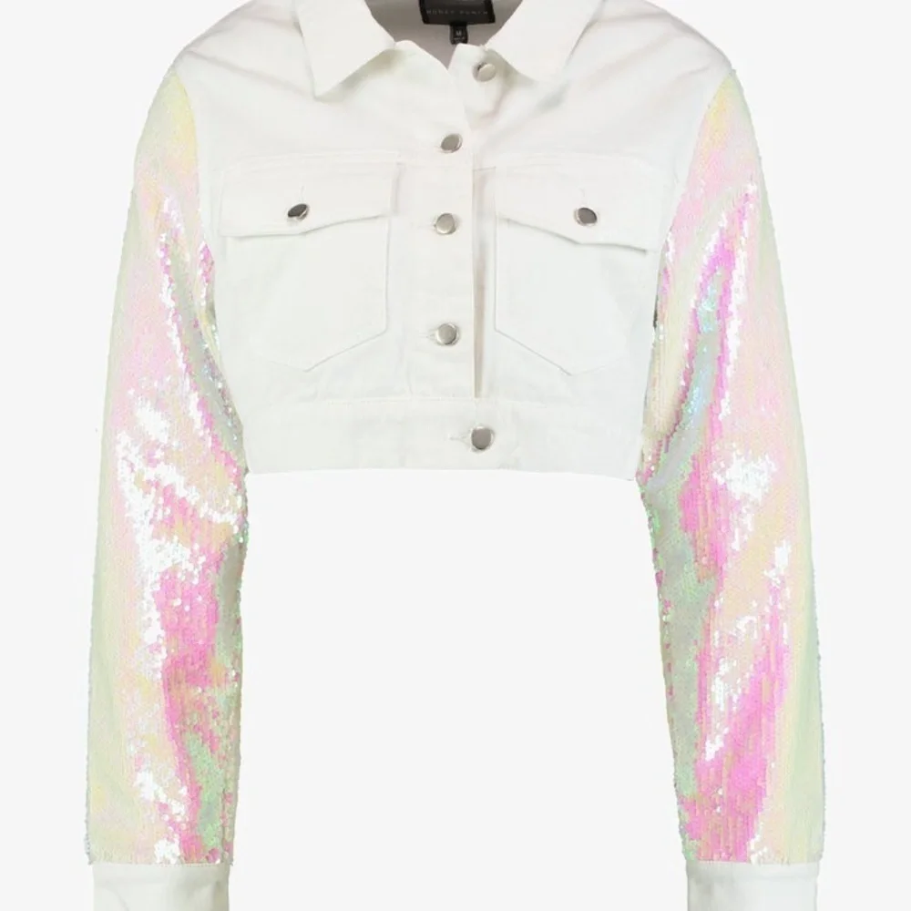 WHITE Denim jacket with sequin sleeves